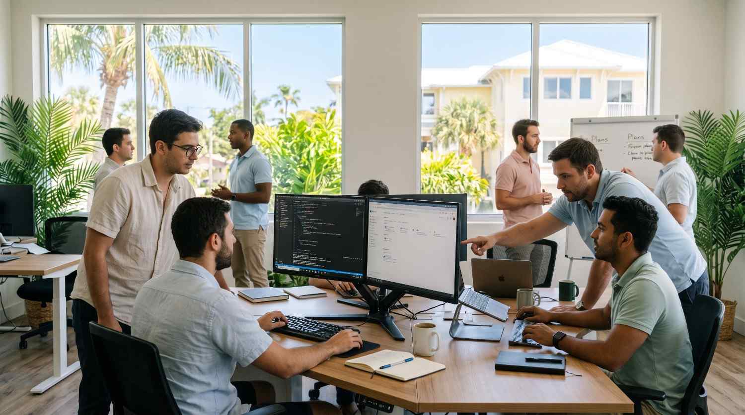 Software engineers collaborating across workstations in a bright Florida office