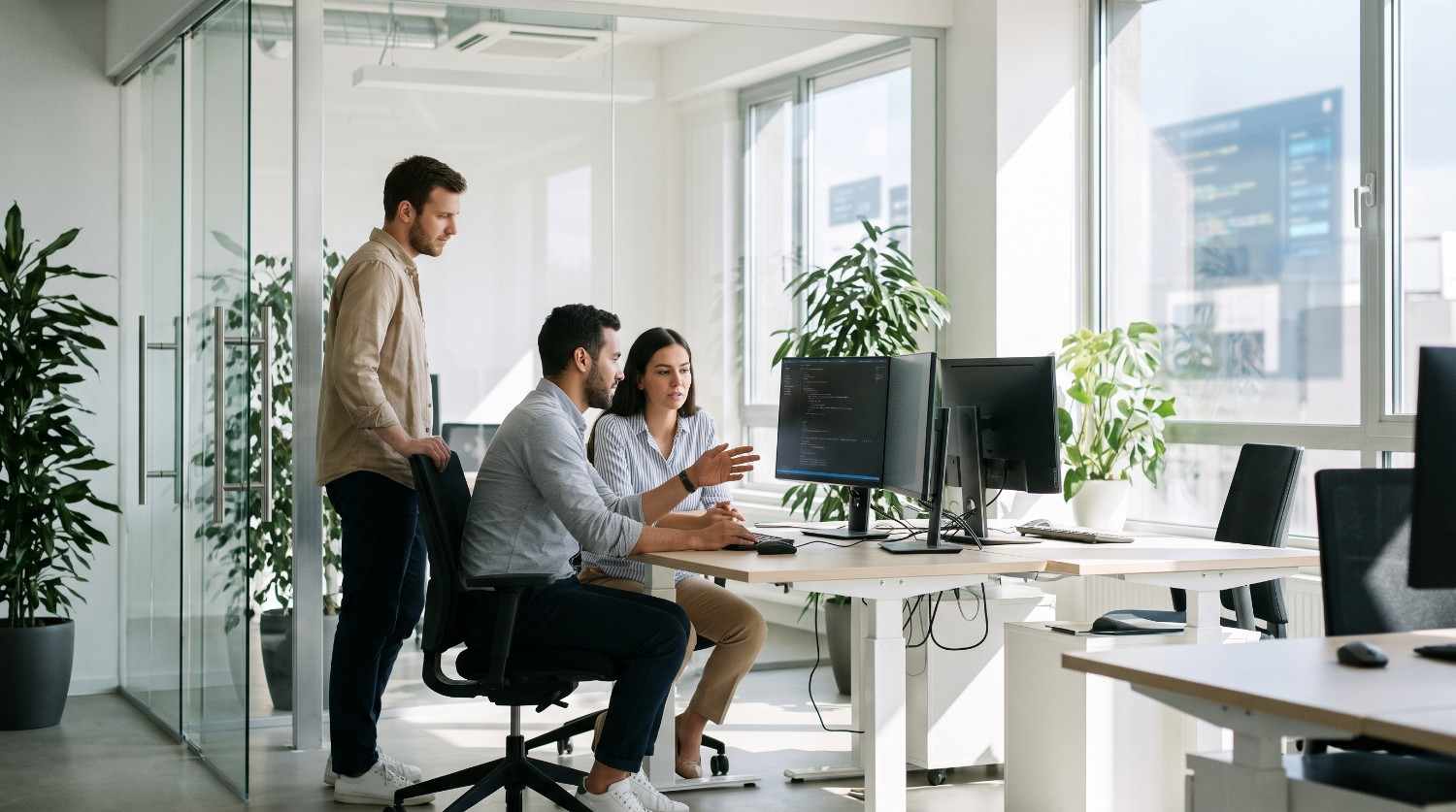 Software team collaborating around development monitors in a bright office