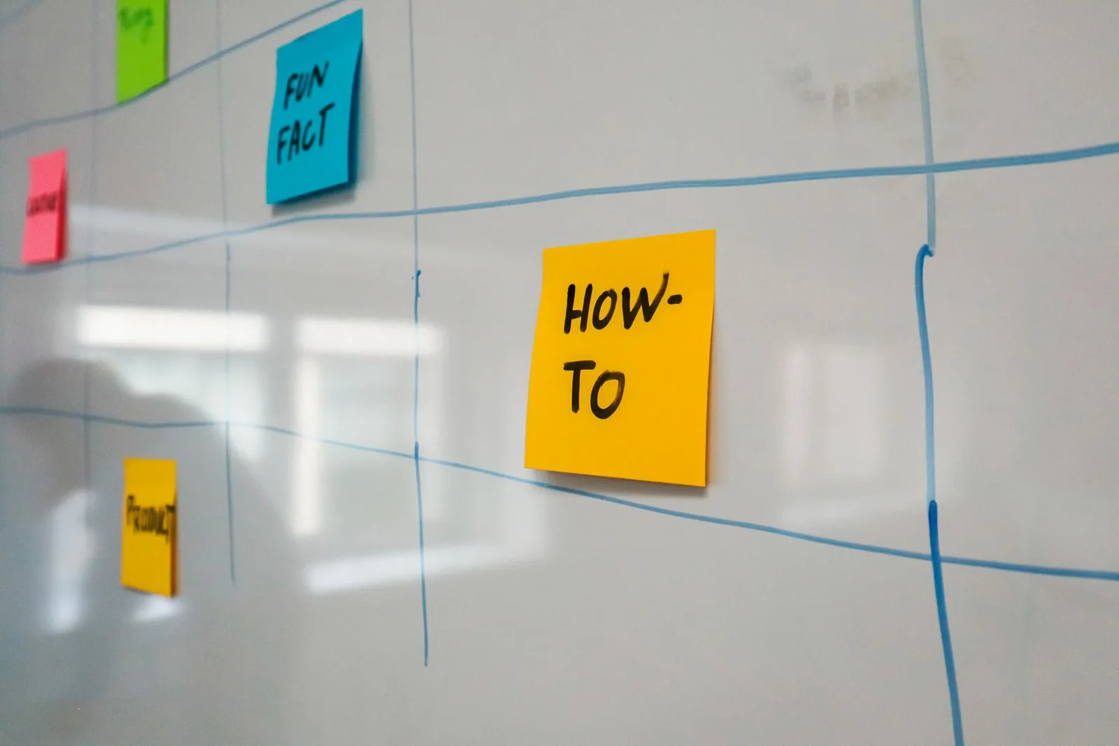 Close-up of handwritten sticky notes on a workflow board
