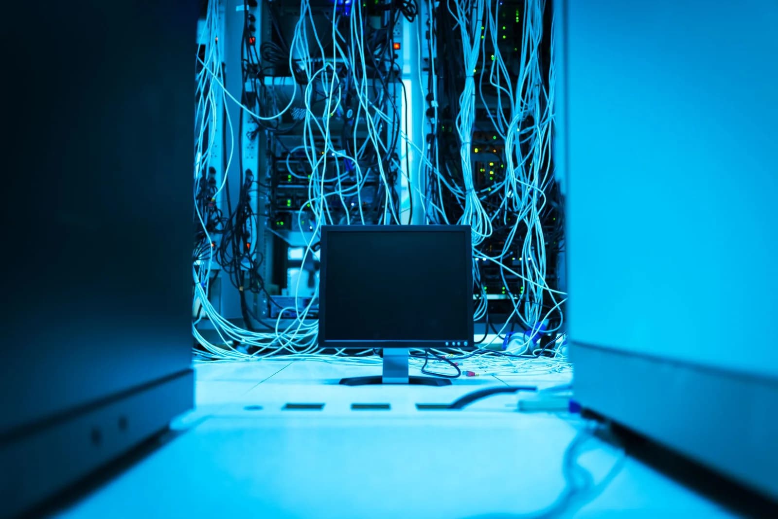 Console monitor in front of an open rack of network connections