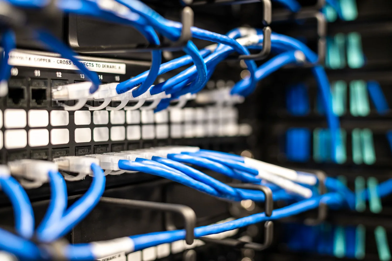 Blue network cables connected to a structured patch panel