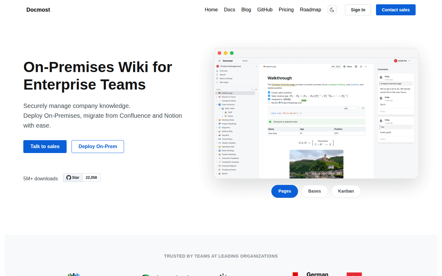 Docmost public website showing its collaborative wiki interface