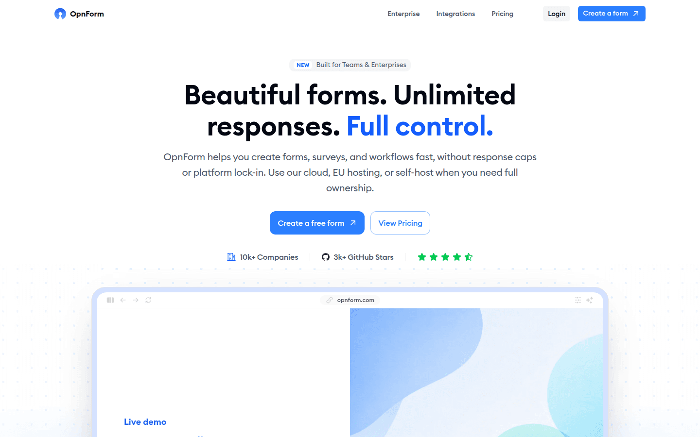 OpnForm public website showing its online form builder