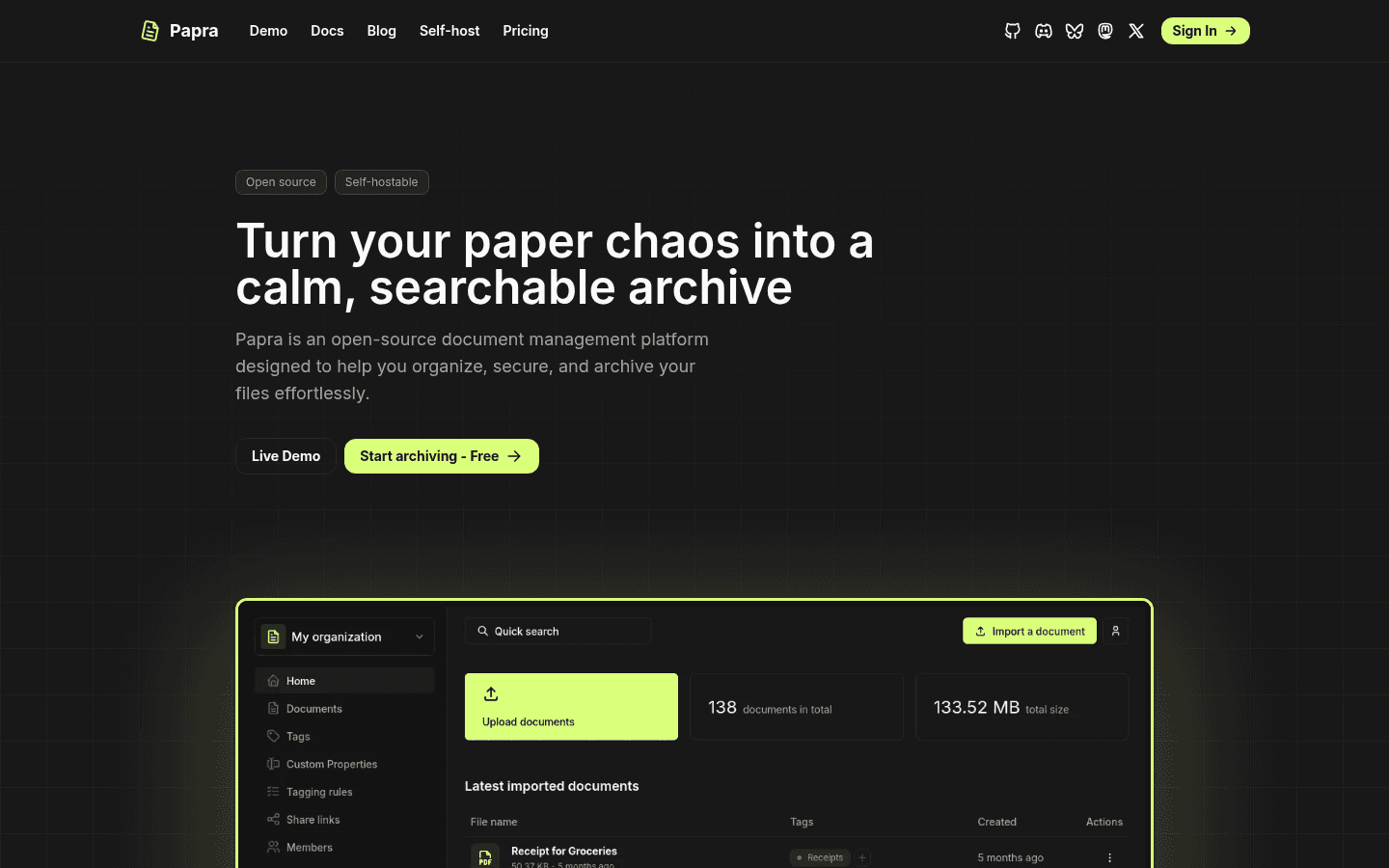 Papra public website showing its searchable document archive