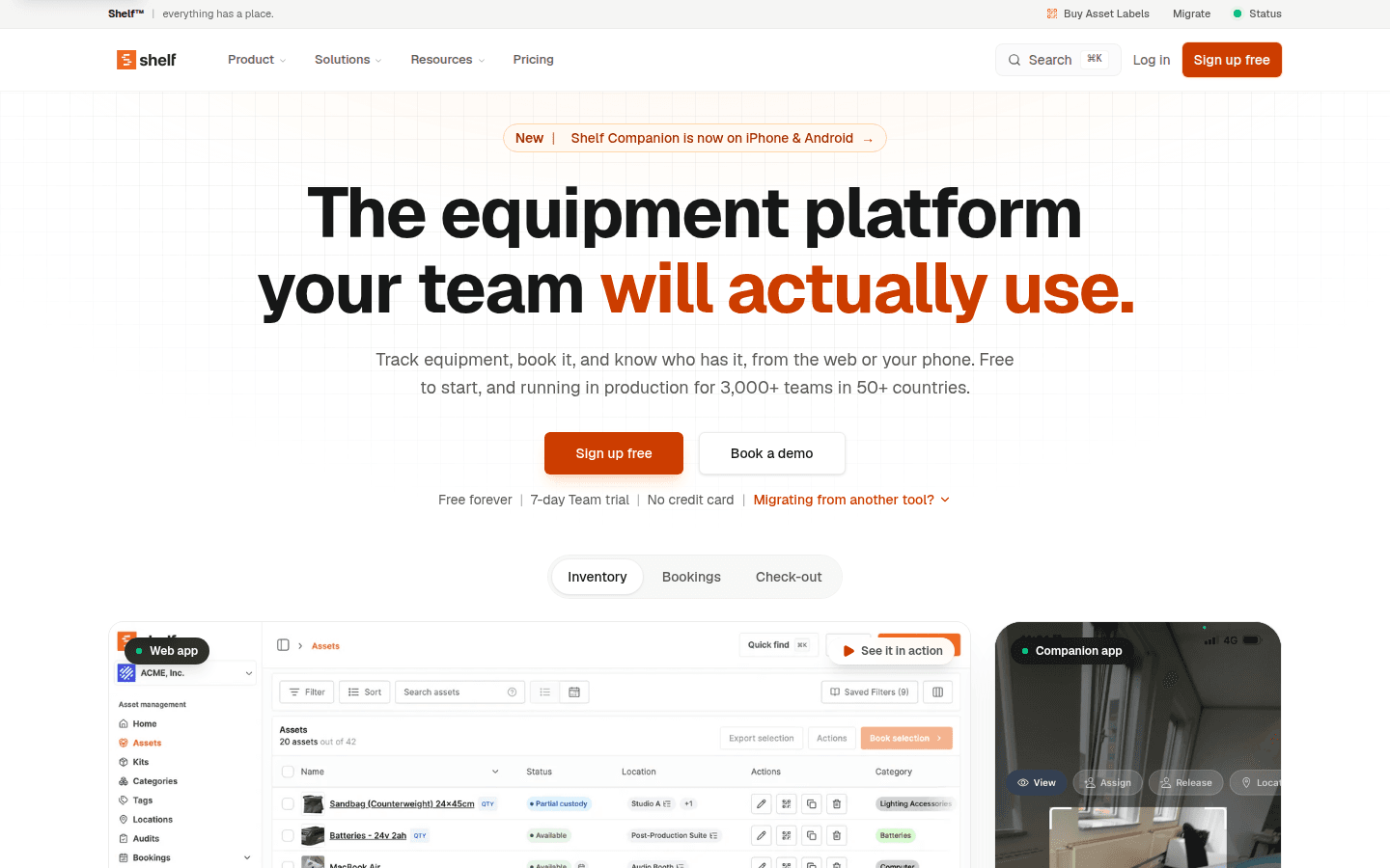Shelf public website showing its equipment tracking platform